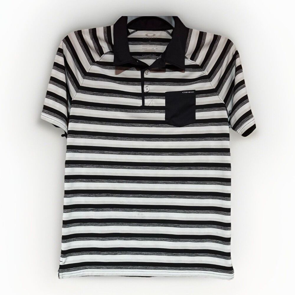 Oakley Performance Shirt Polo Men's Size Small Gray Black Striped Short Sleeve